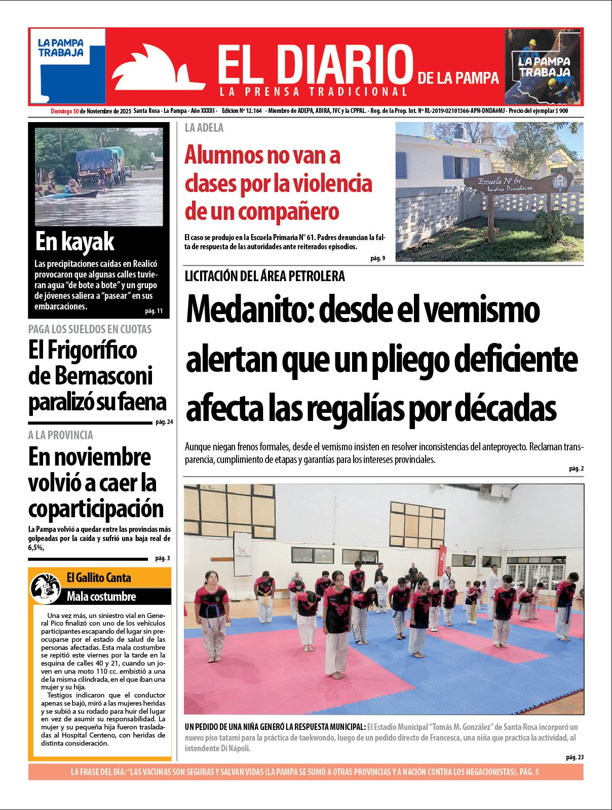Tapa de El Diario en papel  domingo 30 de noviembre de 2025